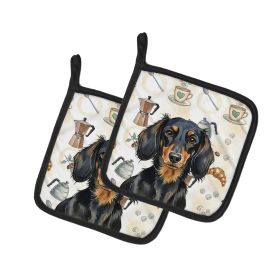 Longhaired Black and Tan Dachshund Coffee Bar Pair of Pot Holders Pair 7.5x7.5 Quilted Insulated Hot Pads Decorative Kitchen Gift Made in USA