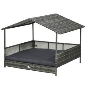 Outdoor Dog Bed with Canopy, Rattan Dog Bed with Soft Cushion Removable Cover for Medium and Large Dogs, Dark Gray