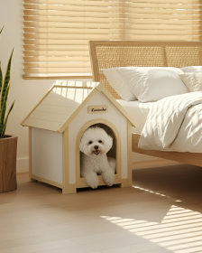 FSC Solid Cedar Pet House ��� Cream Yellow Cabin Style Indoor Shelter for Small Dogs & Cats