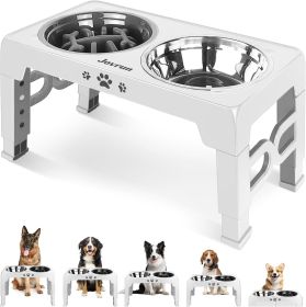 Elevated Dog Bowls for Small Dogs and Cats with Mat, Non-Slip Cat Bowls with 2 Thick 5.5" Stainless Steel Dishes (Color: White  for Medium Large Dogs 1 Basic&1Slow Bowl)